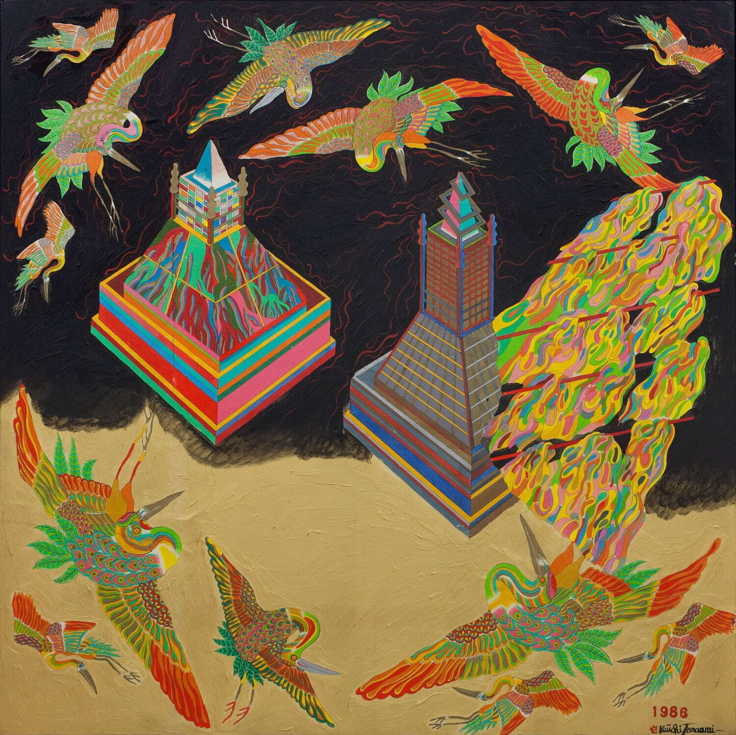 田名網敬一 《回廊(B)》 1986年 アクリル絵具、色鉛筆／カンヴァスで裏打ちした紙 130.5×130.5cm ©Keiichi Tanaami / Courtesy of Nanzuka