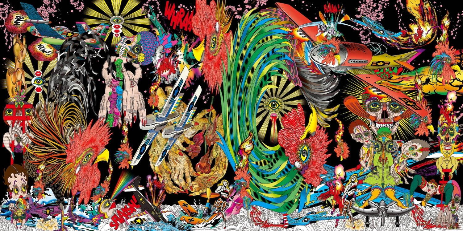 田名網敬一 《死と再生のドラマ》 2019年
顔料インク、アクリル・シルクスクリーン、ガラスの粉末、ラメ、アクリル絵具／カンヴァス 200×400cm(4幅対)
©Keiichi Tanaami / Courtesy of Nanzuka
