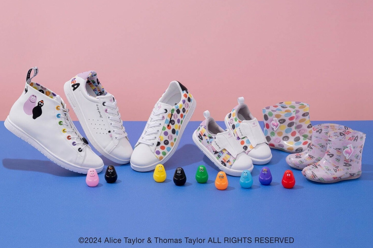 バーバパパ｜ルコックスポルティフ×バーバパパのコラボスニーカー、カラフルなドット柄＆ロゴグラフィック