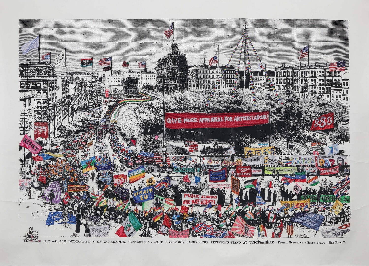 青山悟 《News from Nowhere (Labour day)》 2019年
シルクスクリーンプリントに刺繍、ドローイング 個人蔵
撮影：宮島径 © AOYAMA Satoru, Courtesy of Mizuma Art Gallery