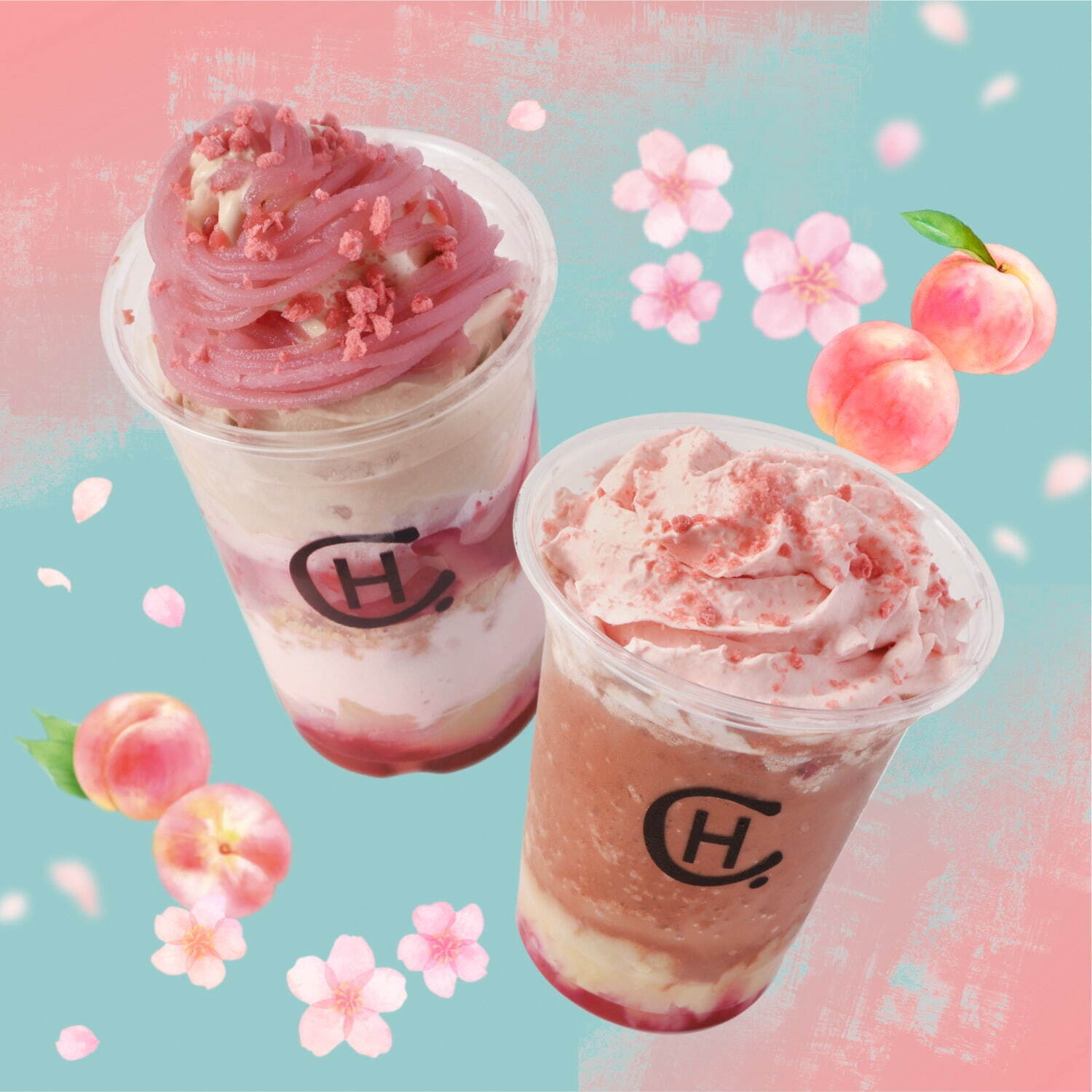 左から)「桜と桃のパフェ」820円、「桜と桃のフラッペ」720円