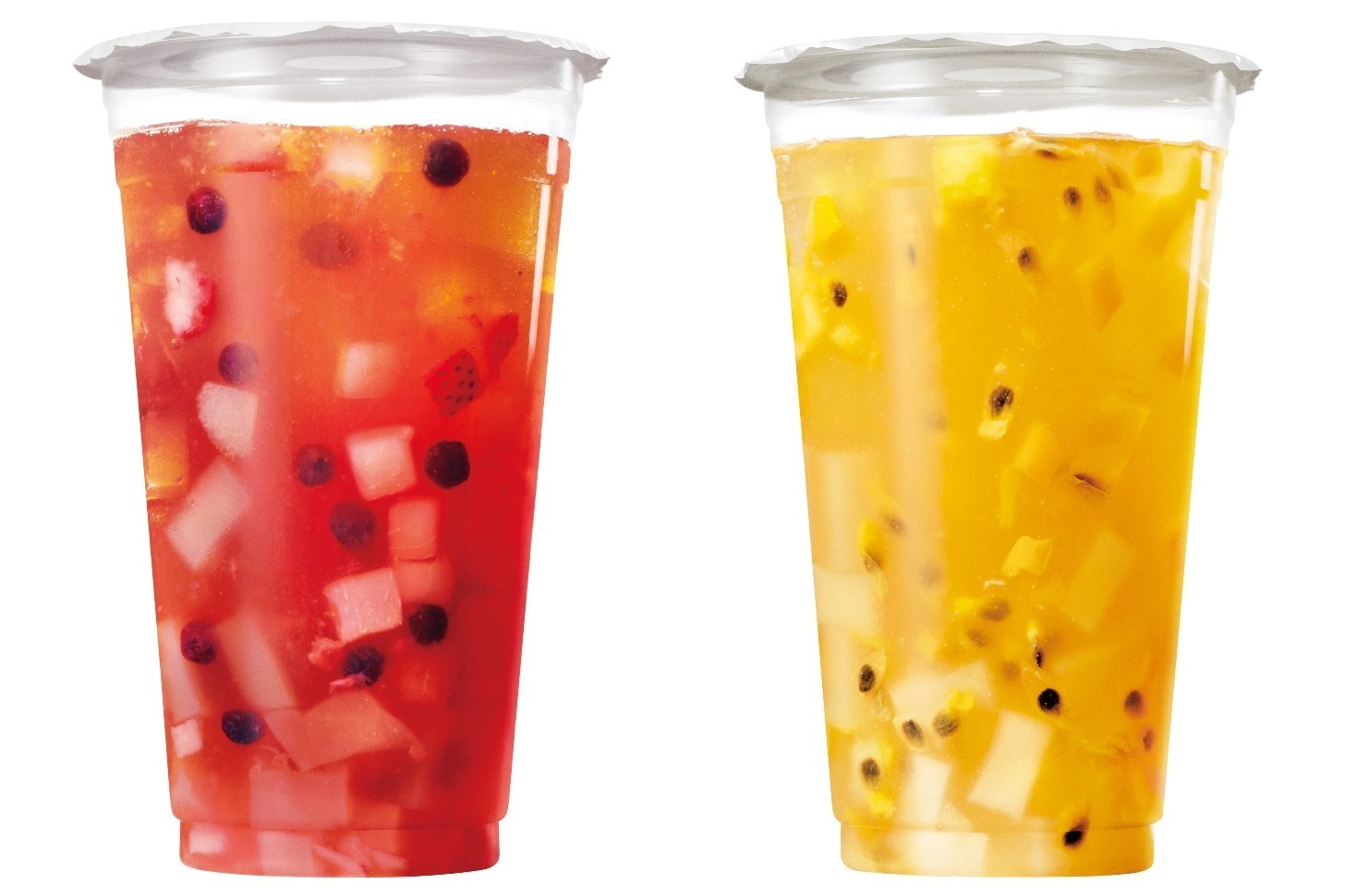 ミスタードーナツ“ぷにゅん”と食感のドリンク「台湾粉粿(フングイ)フルーツティ」ごろっと果物入り