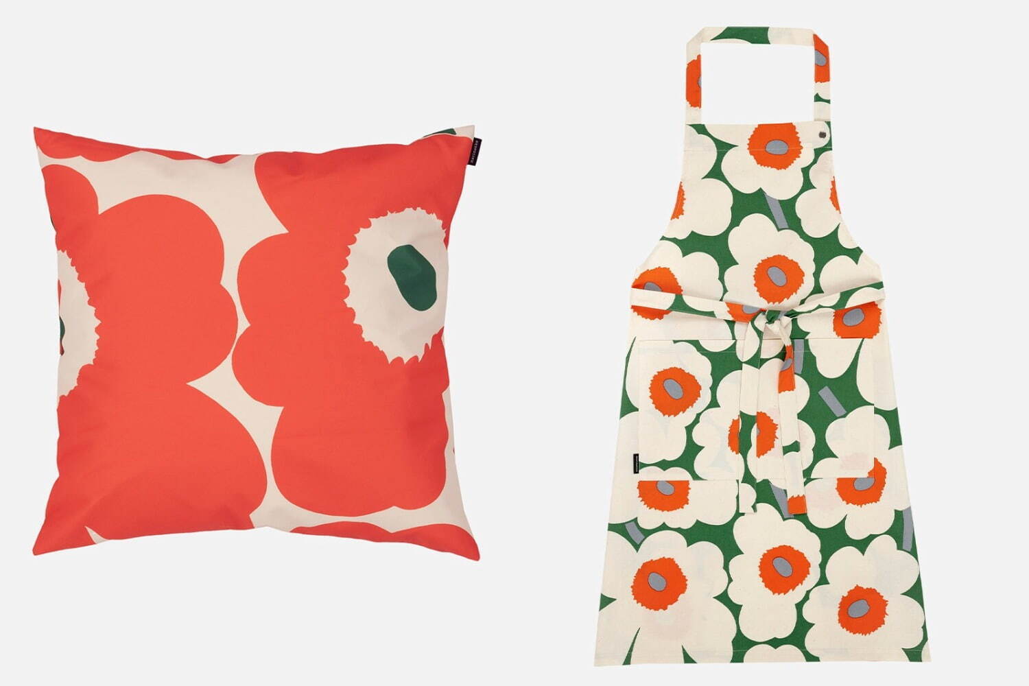 マリメッコ「ウニッコ」リーフグリーン×コーラルレッドの新作、定番エプロンやクッションをサマームードで
