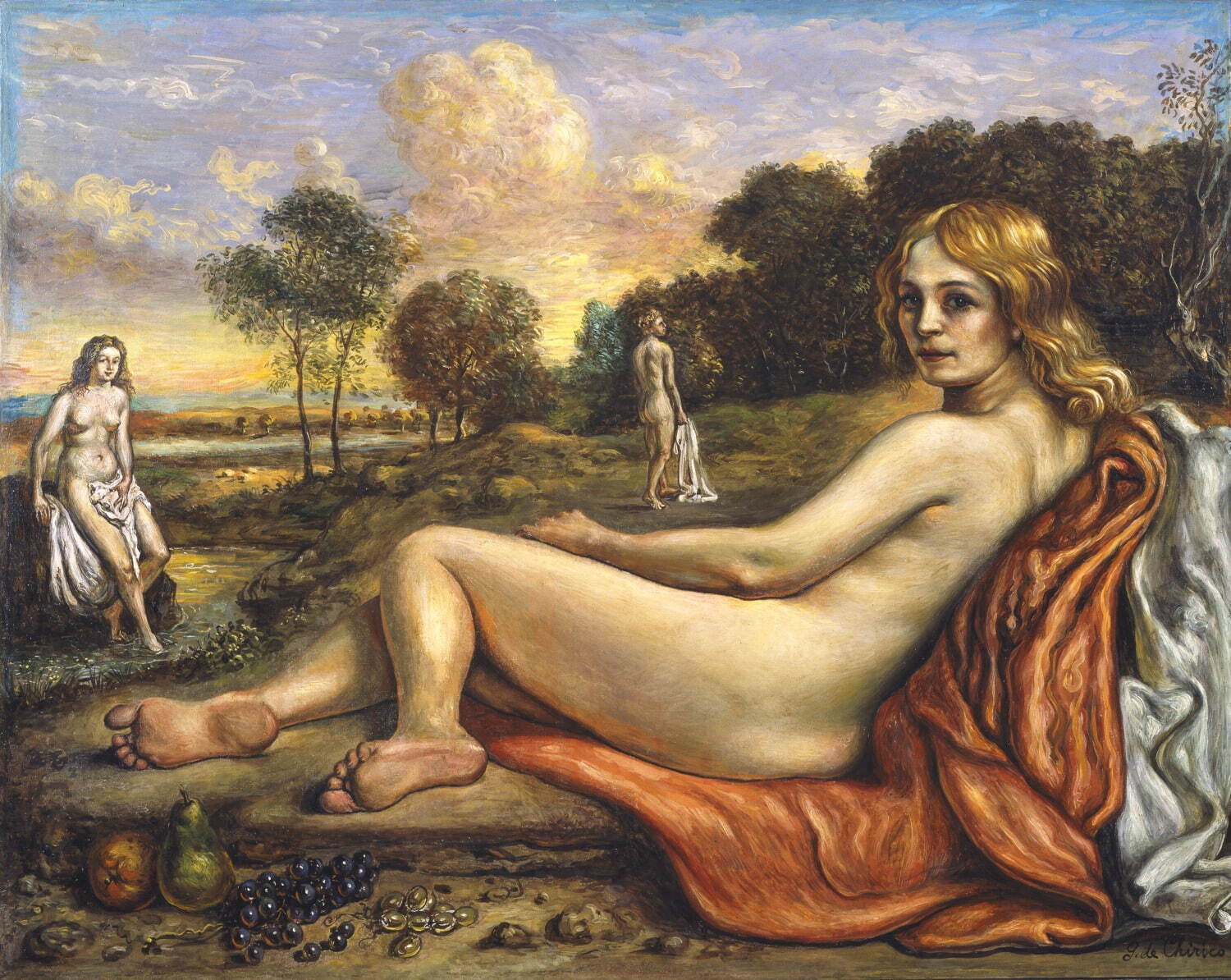 ジョルジョ・デ・キリコ《風景の中で水浴する女たちと赤い布》1945年
油彩・カンヴァス ジョルジョ・エ・イーザ・デ・キリコ財団
© Fondazione Giorgio e Isa de Chirico, Roma © Giorgio de Chirico, by SIAE 2024