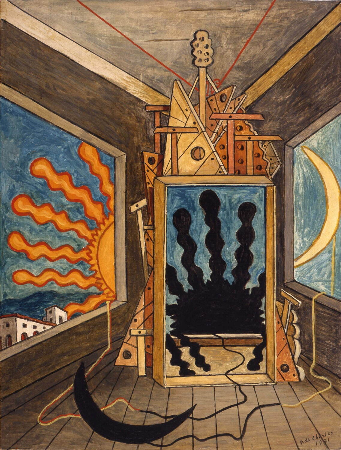 ジョルジョ・デ・キリコ《燃えつきた太陽のある形而上的室内》1971年、油彩・カンヴァス ジョルジョ・エ・イーザ・デ・キリコ財団
© Fondazione Giorgio e Isa de Chirico, Roma © Giorgio de Chirico, by SIAE 2024