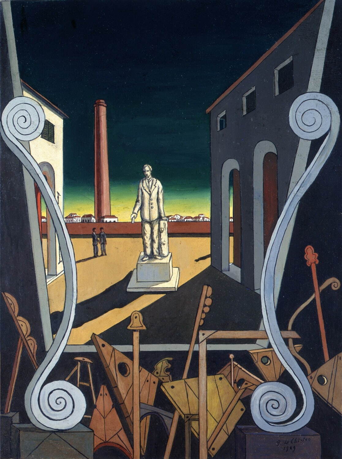 ジョルジョ・デ・キリコ《イタリア広場(詩人の記念碑)》1969年、油彩・カンヴァス ジョルジョ・エ・イーザ・デ・キリコ財団
© Fondazione Giorgio e Isa de Chirico, Roma © Giorgio de Chirico, by SIAE 2024
