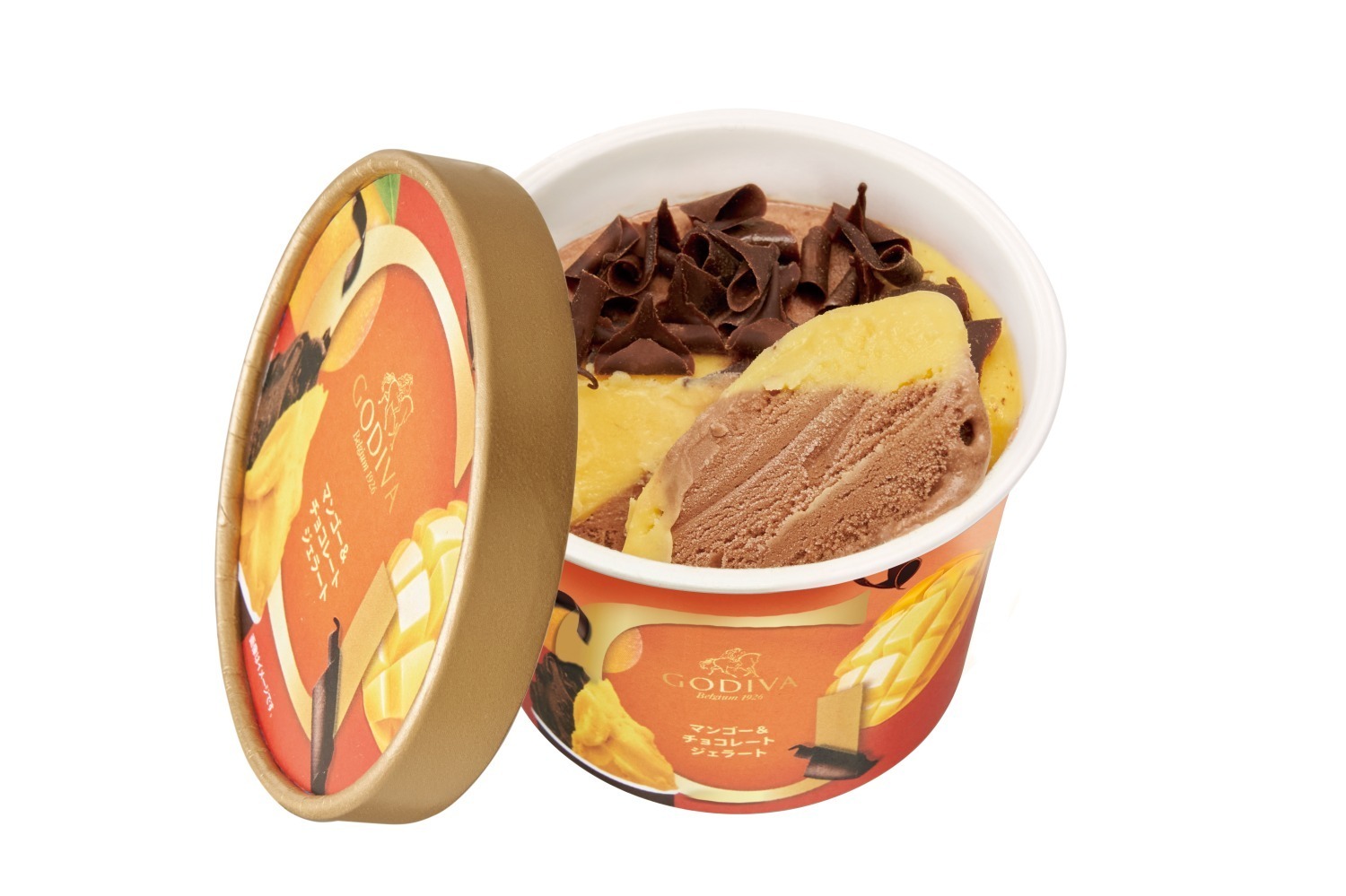 ゴディバ新作カップアイス「マンゴー＆チョコレート ジェラート」パリパリ食感のチョコをトッピング