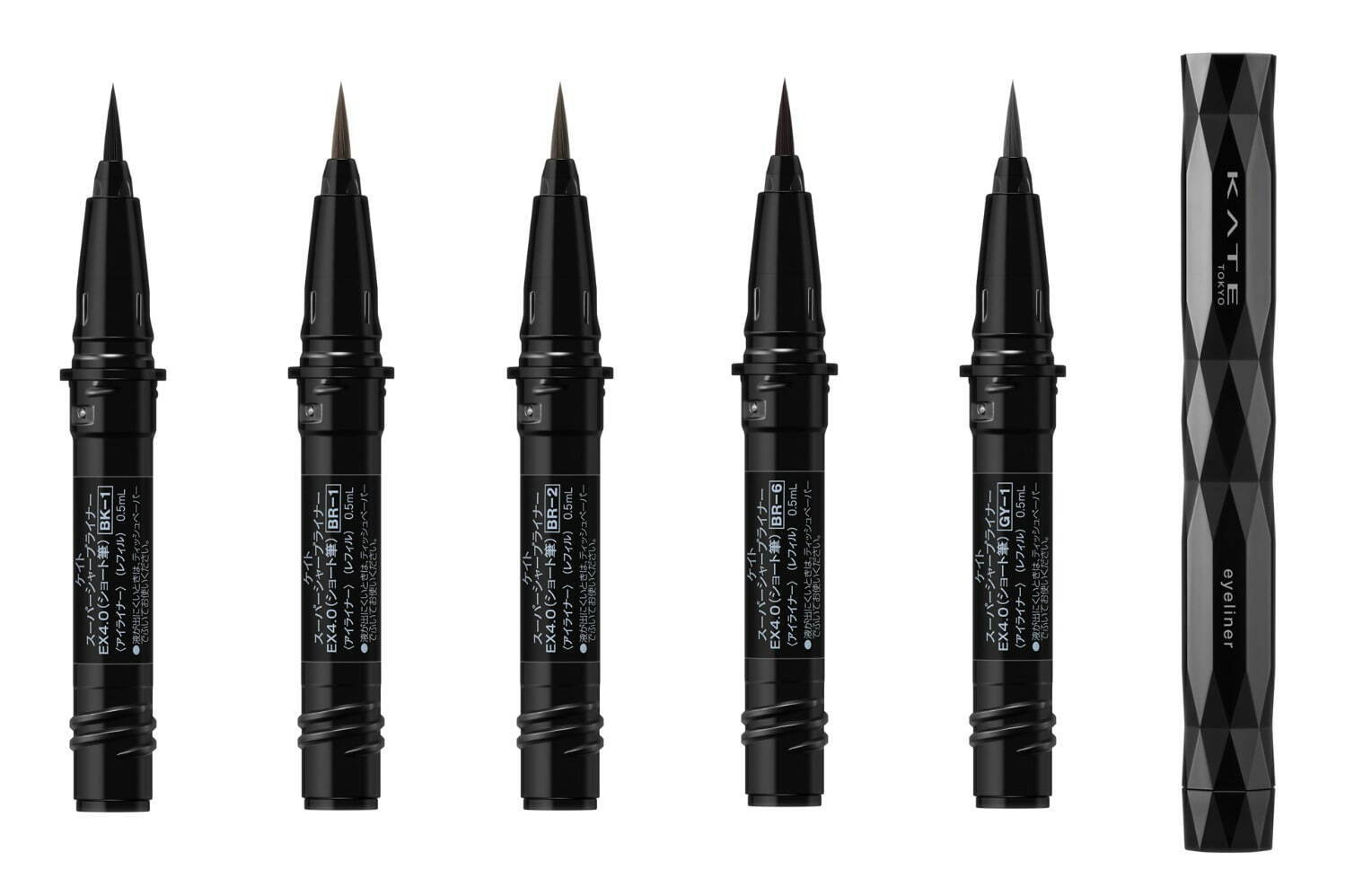 (左から)「ケイト スーパーシャープライナーEX4.0(ショート筆)レフィル」 BK-1,BR-1,BR-2,BR-6,GY-1 各1,100円(編集部調べ)＜一部店舗・ウェブ限定＞
「ケイト スーパーシャープライナー用ホルダー」 330円(編集部調べ)＜一部店舗・ウェブ限定＞