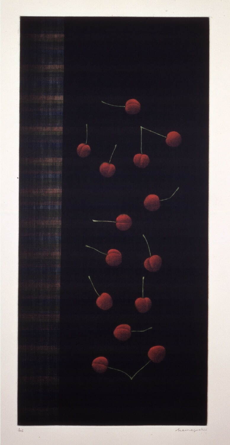 浜口陽三 《14のさくらんぼ》 昭和41年(1966年)
カラーメゾチント 52.3×24.4cm