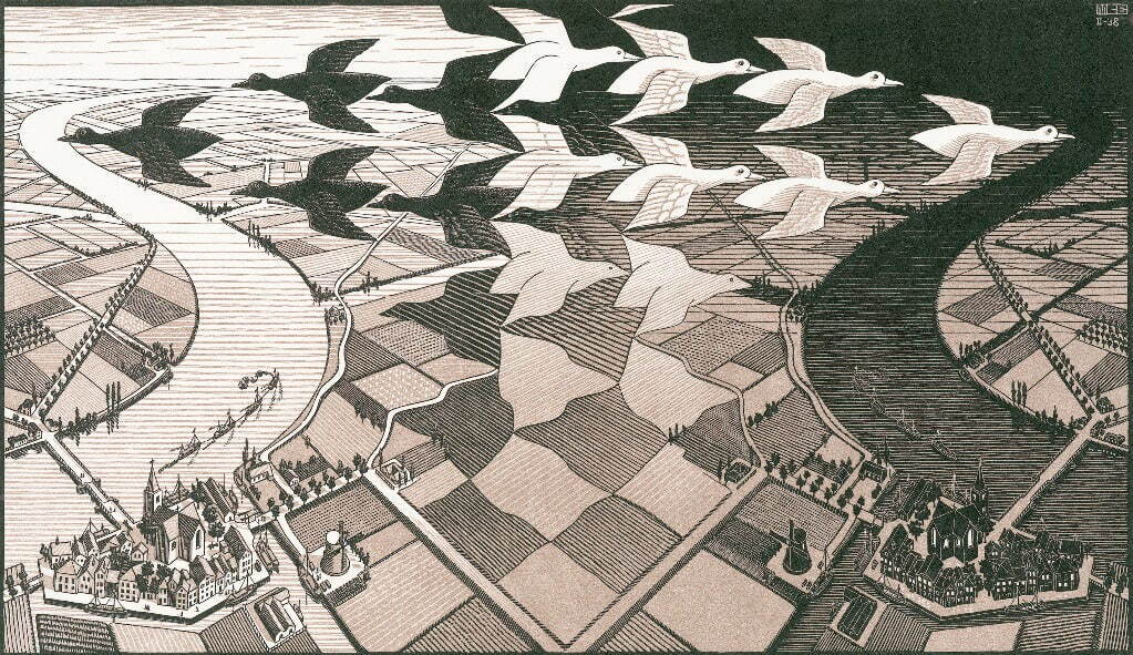 マウリッツ・コルネリス・エッシャー 《昼と夜》 1938年 木版
Maurits Collection, Italy / All M.C. Escher works © 2024
The M.C. Escher Company, Baarn, The Netherlands. All rights reserved mcescher.com