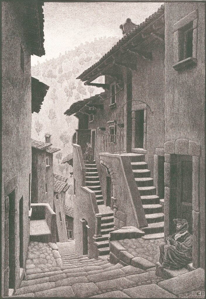マウリッツ・コルネリス・エッシャー 《スカンノの街路、アルブルッツィ地方》 1930年 リトグラフ
Maurits Collection, Italy / All M.C. Escher works © 2024
The M.C. Escher Company, Baarn, The Netherlands. All rights reserved mcescher.com