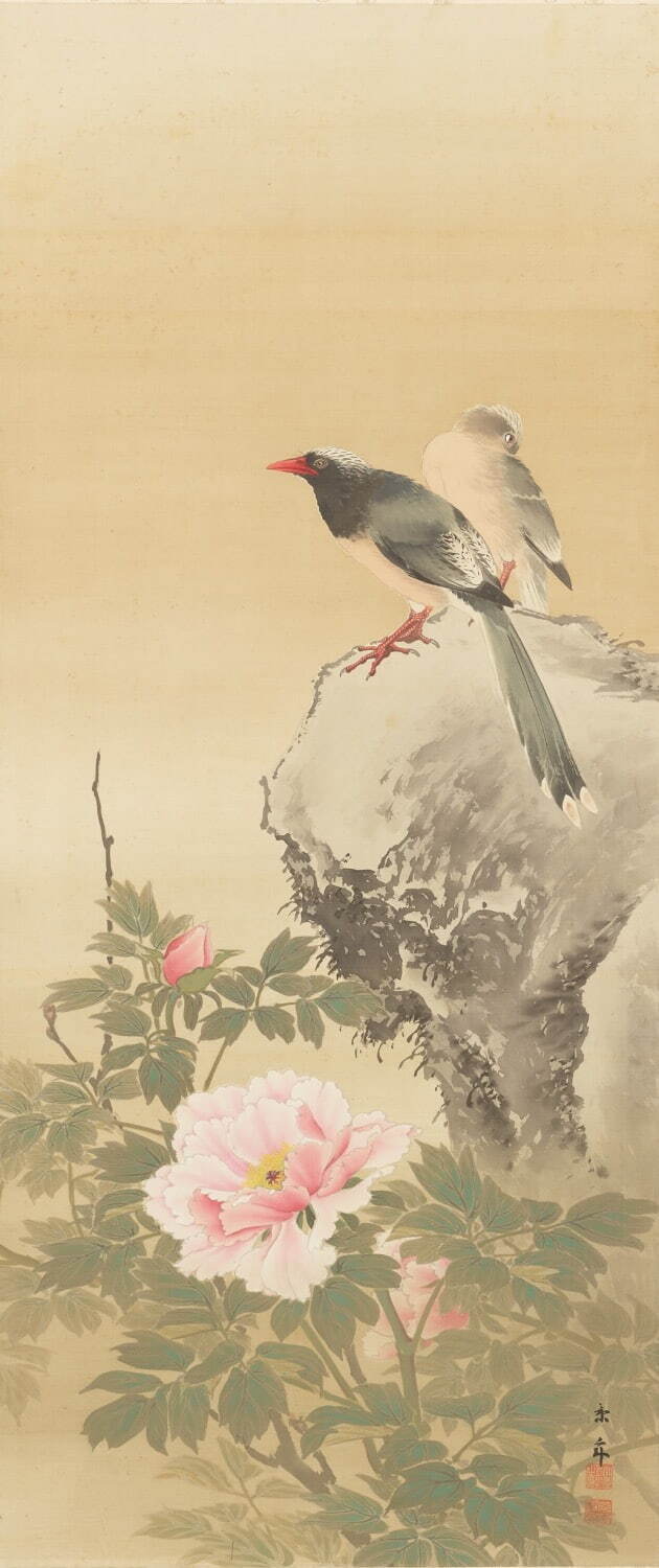 今尾景年 《牡丹唐山雀図》(四幅対のうち一幅) 明治3年(1870年) 福田美術館蔵 ［前期展示］