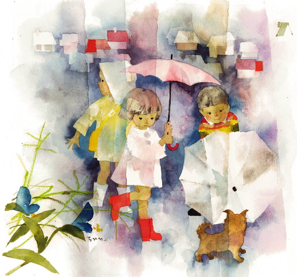 いわさきちひろ《小犬と雨の日の子どもたち》1967年