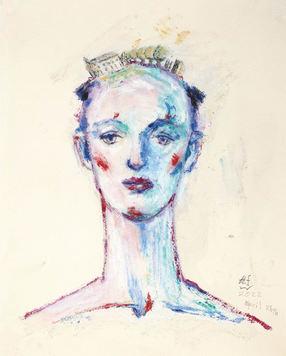 舟越桂 《「私は街を飛ぶ」のためのドローイング》 2022年 紙にオイルパステル Photo: 後藤渉