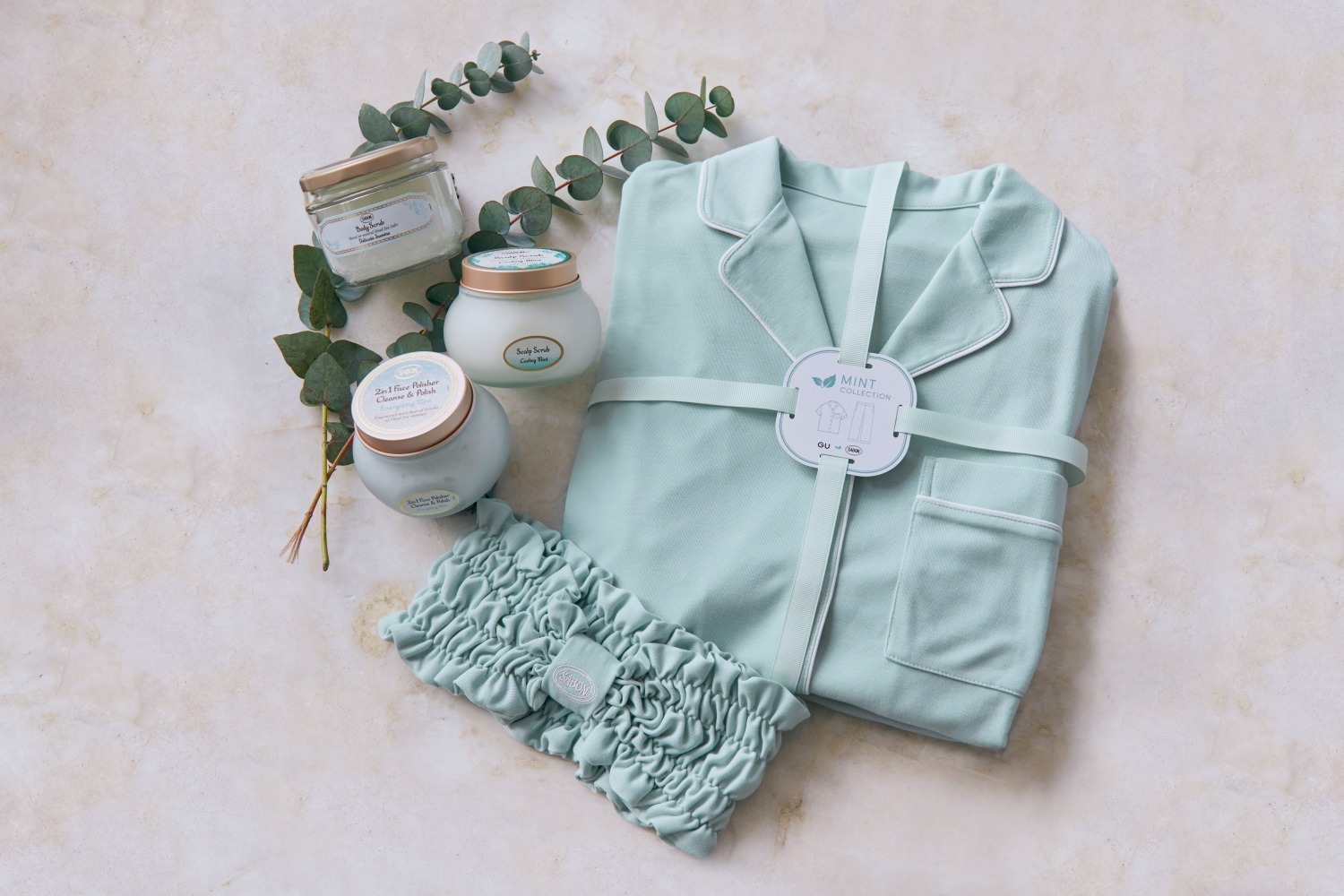 オフショルダー｜GU×SABONのコラボ再び！ひんやり冷感「ミントパジャマ」登場、“ヘアバンド付き”コスメキットも