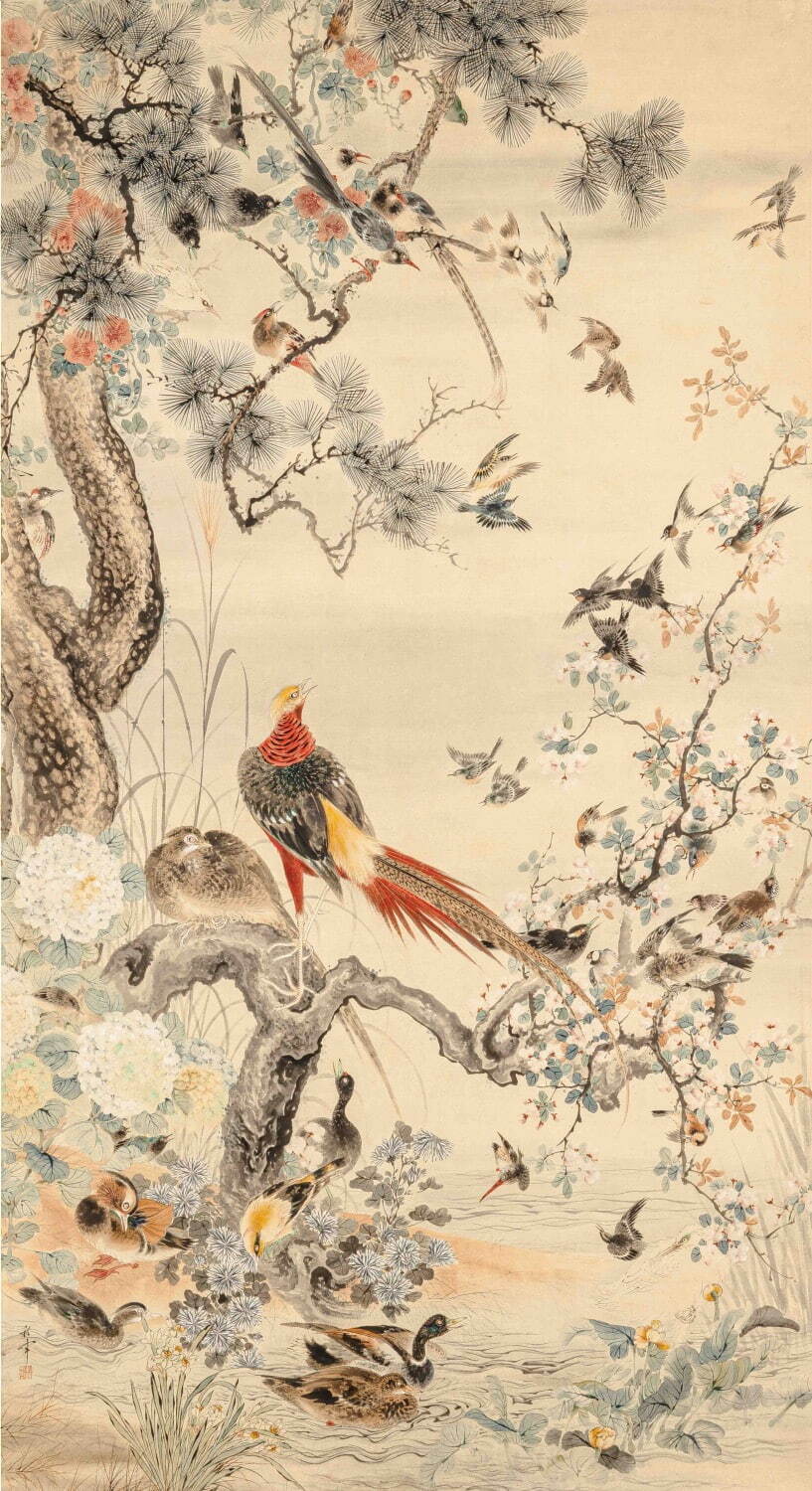 岡本秋暉 《百花百鳥図》 江戸時代 19世紀
紙本着色 一幅 摘水軒記念文化振興財団蔵