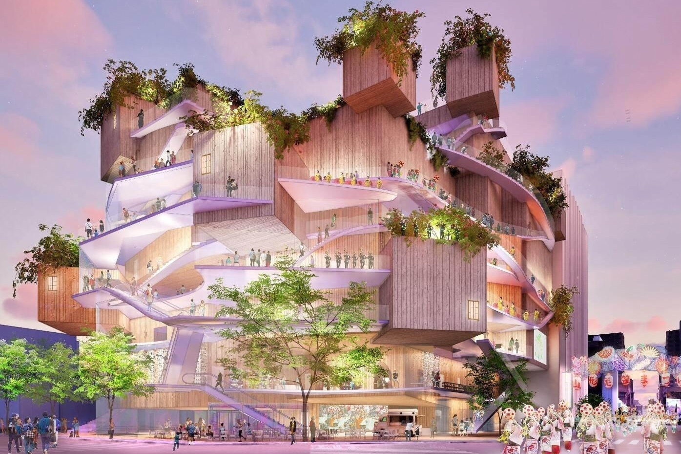 山形市民会館が“1本の大樹”着想の外観でリニューアル、空中回廊＆外階段の開放的な空間