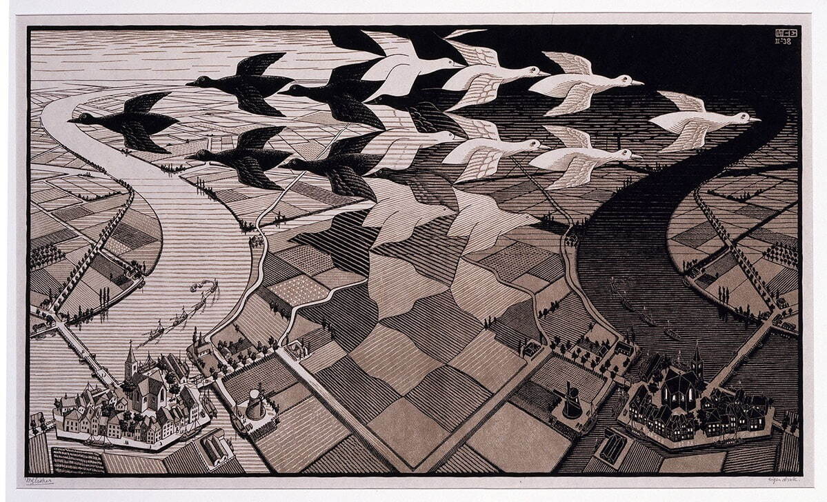 M.C. エッシャー 《昼と夜》 1938年 板目木版二色刷り
© 2024 The M.C. Escher Company, The Netherlands. All rights reserved. www.mcescher.com