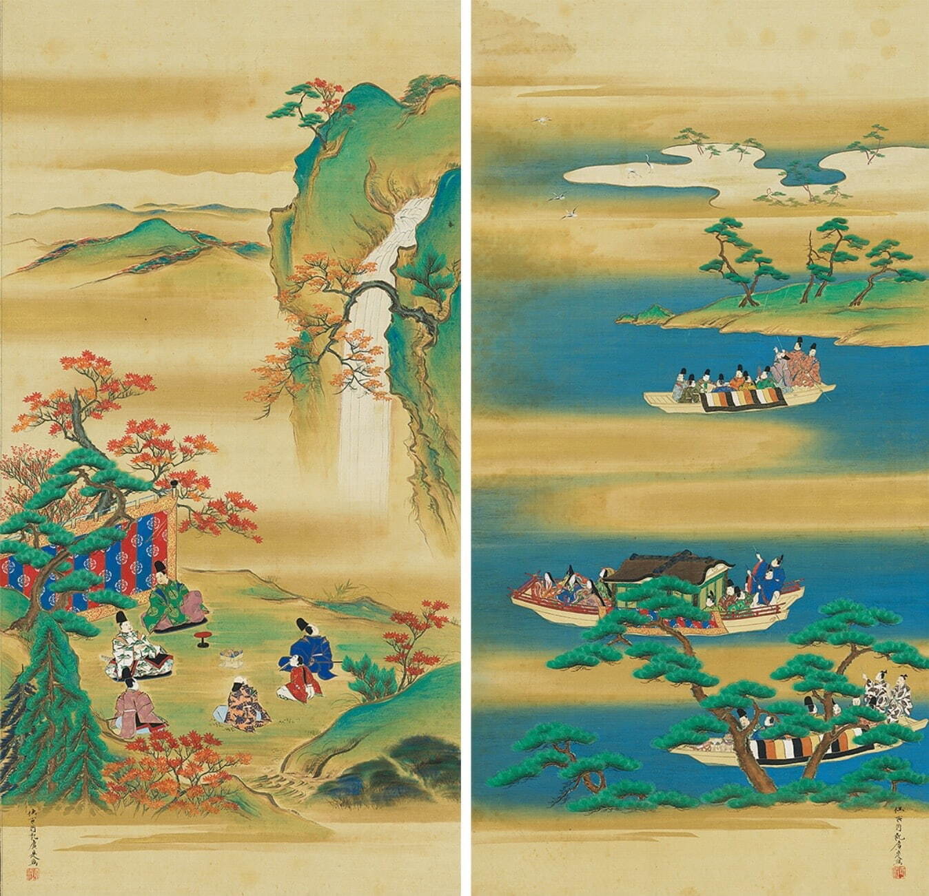 住吉広定筆 《舟遊・紅葉狩図》 日本・江戸時代 19世紀 根津美術館蔵