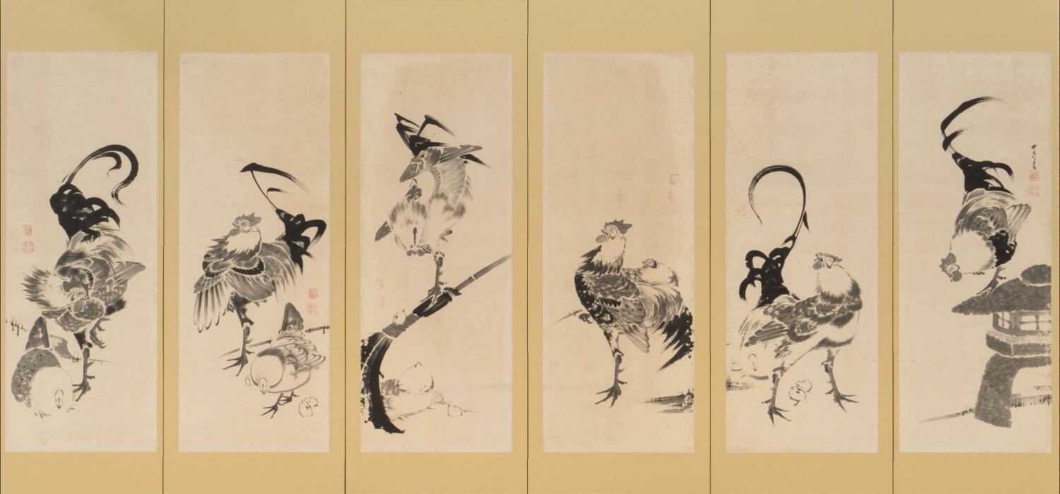 伊藤若冲 《鶏図押絵貼屏風》(右隻) 1797年 福田美術館蔵 ［前期展示］