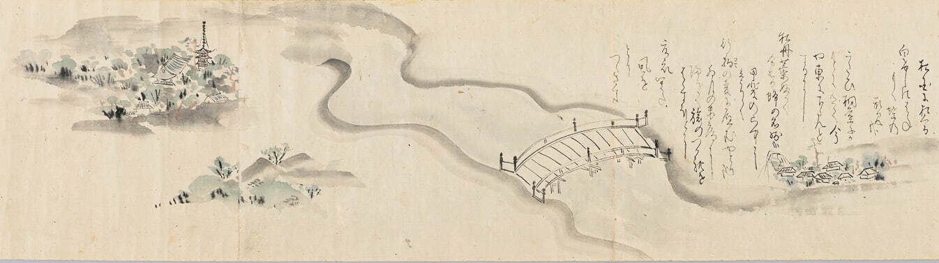 松尾芭蕉 《野ざらし紀行図巻》(白けしに／牡丹蕊／甲斐・行駒の／江戸・夏衣部分)
17世紀 福田美術館蔵