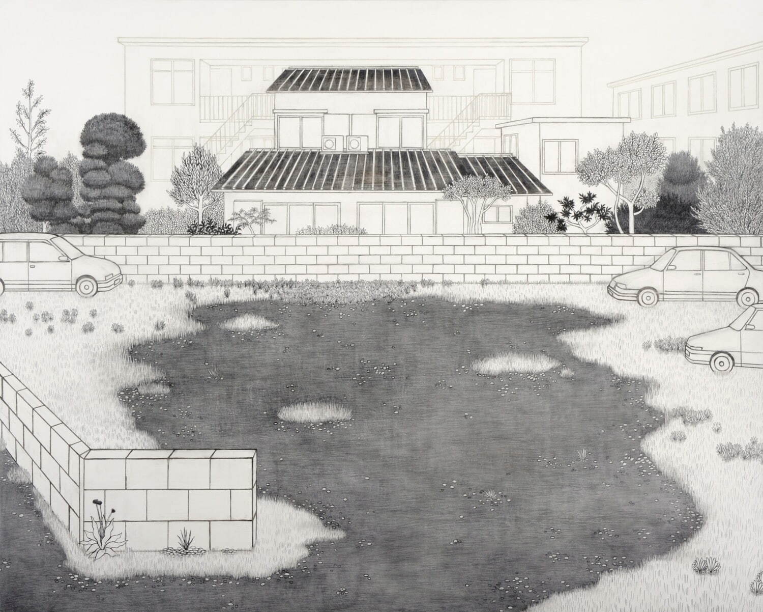 須藤由希子 《家と駐車場》 2007年
油彩、鉛筆、石膏、カンバス 国立国際美術館蔵