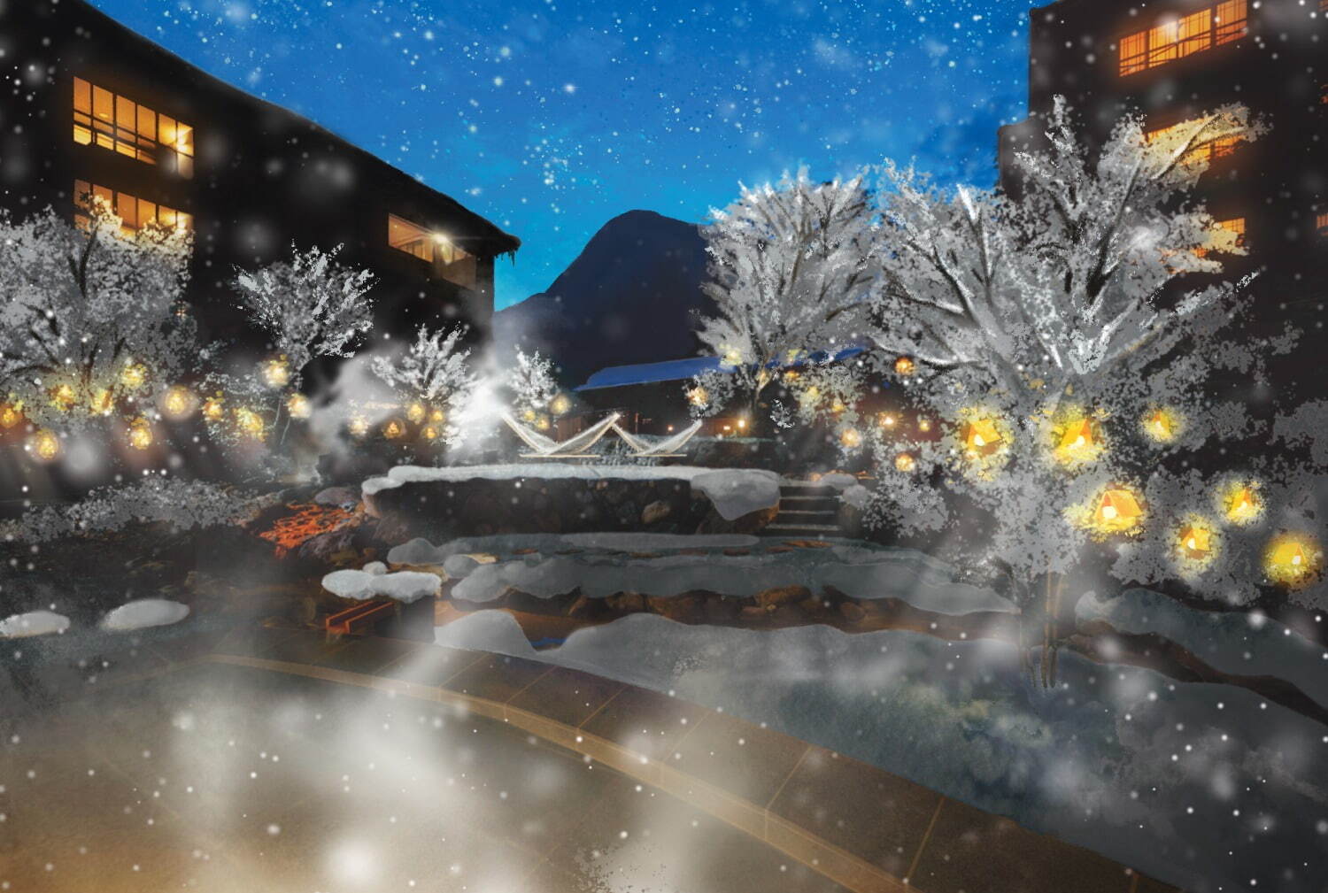 星野リゾートの温泉旅館「界 奥飛騨」“雪景色を照らす”和照明のライトアップが足湯付き中庭で｜写真1