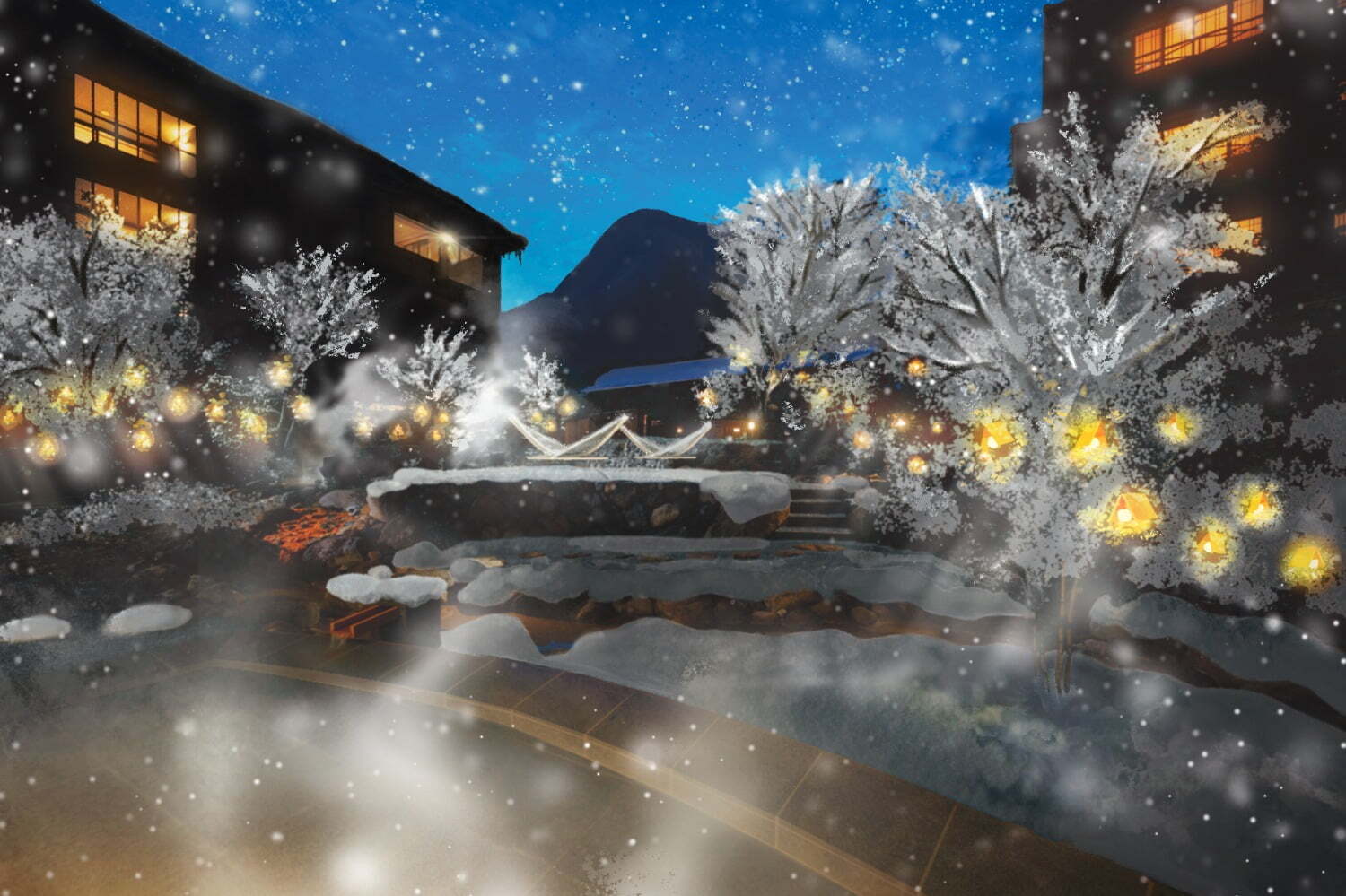 星野リゾート 界｜星野リゾートの温泉旅館「界 奥飛騨」“雪景色を照らす”和照明のライトアップが足湯付き中庭で