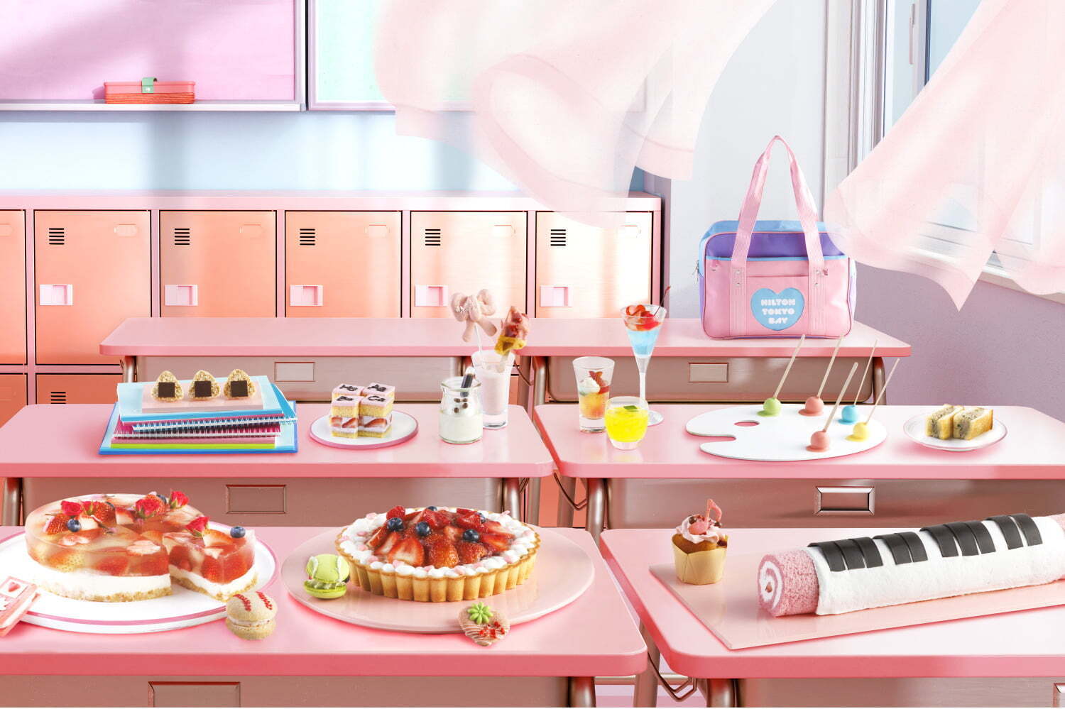 ホテルビュッフェ｜ヒルトン東京ベイ“学生生活”着想のいちごスイーツビュッフェ、夕焼け風ゼリーやハート型ミルフィーユ