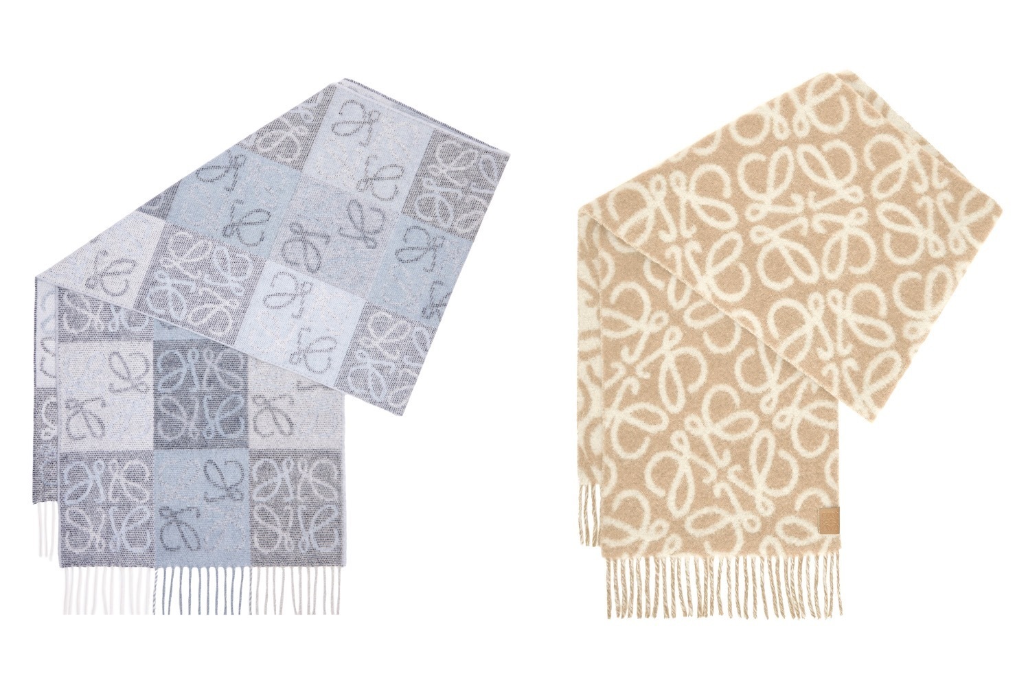 ロエベのスカーフ、チェッカーボード柄のアナグラムパターンや“マルチトーン”マーブル模様