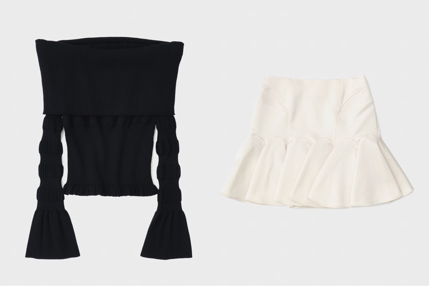 オフショルダー｜フェティコ、オフショルダーのボーダーニット＆切り替えミニスカート - ザ トウキョウとコラボ