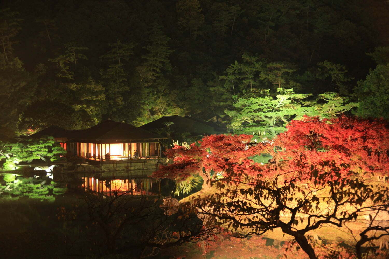 庭園｜香川県の特別名勝「栗林公園」紅葉ライトアップ、幻想的な湖の水面＆夜間限定の周遊和船も