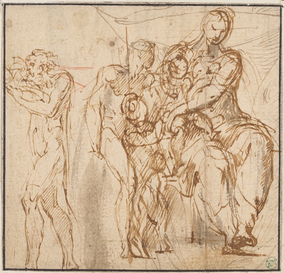 パルミジャニーノ(フランチェスコ・マッツォーラ)
《聖ヨハネと男性聖人を伴う「長い首の聖母」のための習作、左に向かって歩く男性》
ペン、褐色インク、灰色の淡彩、赤チョーク、紙 スウェーデン国立美術館蔵
©Cecilia Heisser/Nationalmuseum