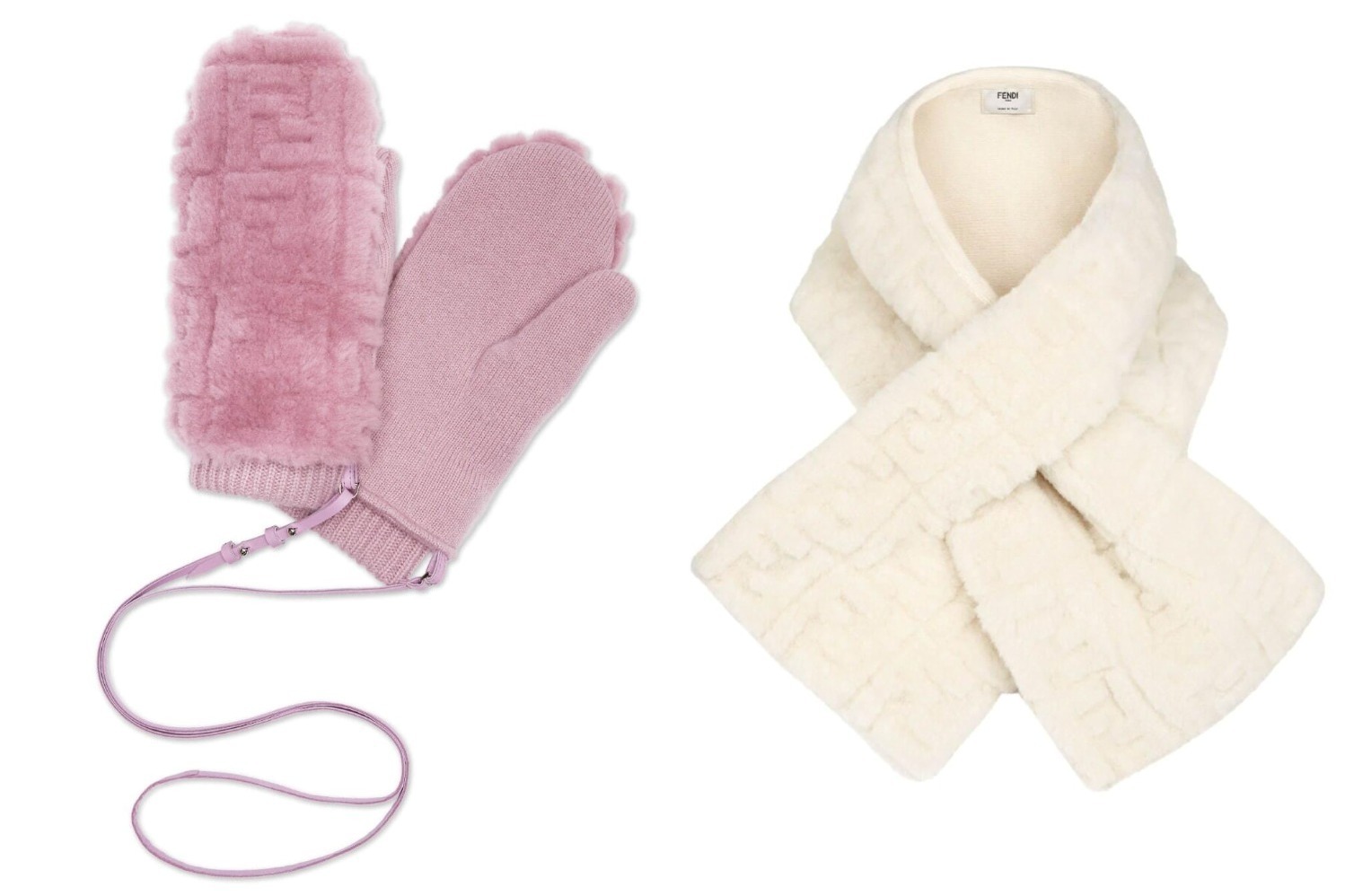 フェンディのあったか冬小物、ピンク＆ホワイトのもこもこ「FF」ロゴマフラーやバケットハット