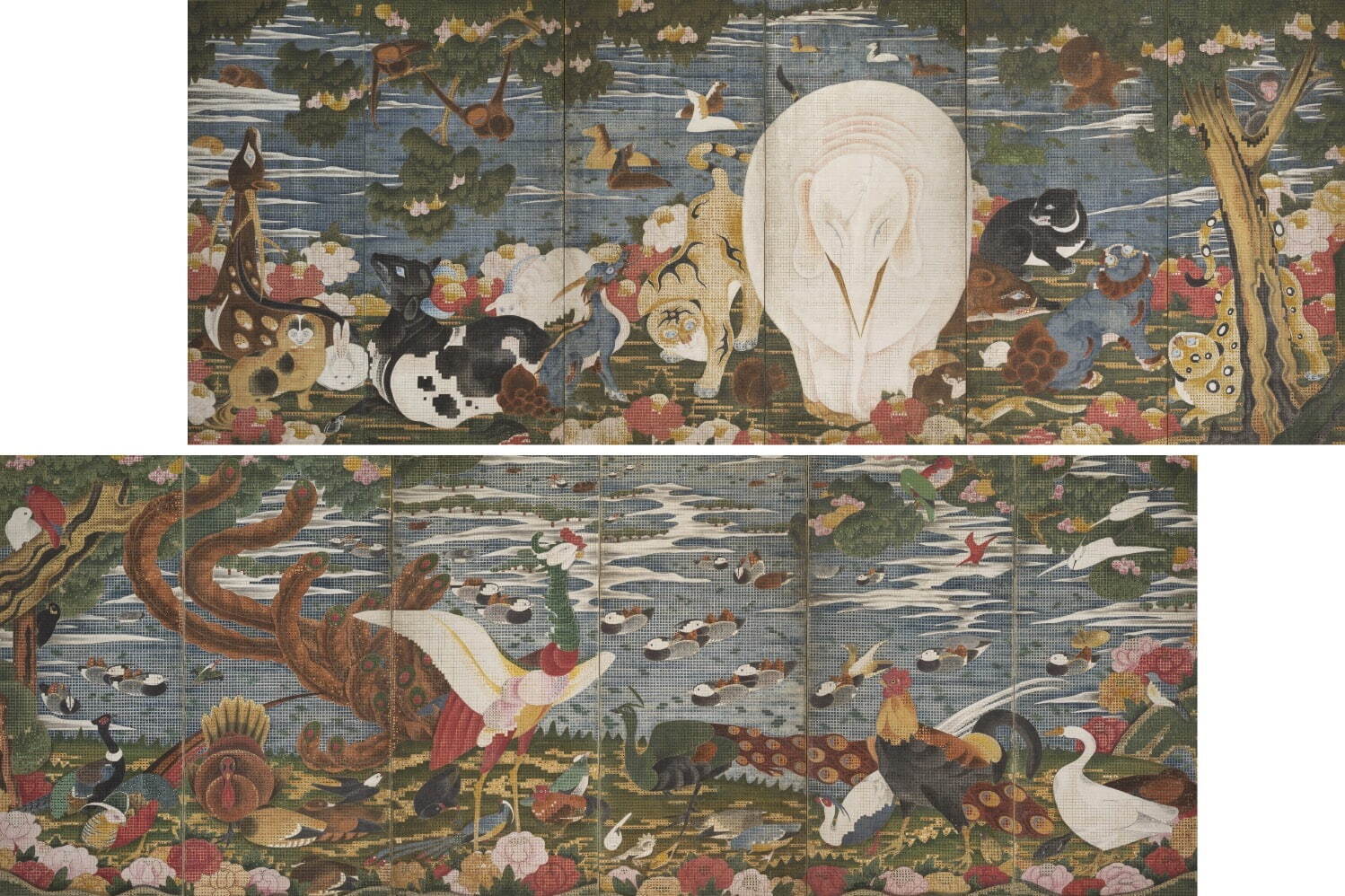 ［関連展示］ 伊藤若冲 《樹花鳥獣図屏風》 江戸時代 18世紀後半 静岡県立美術館蔵
［1月24日(金)～3月23日(日)展示］