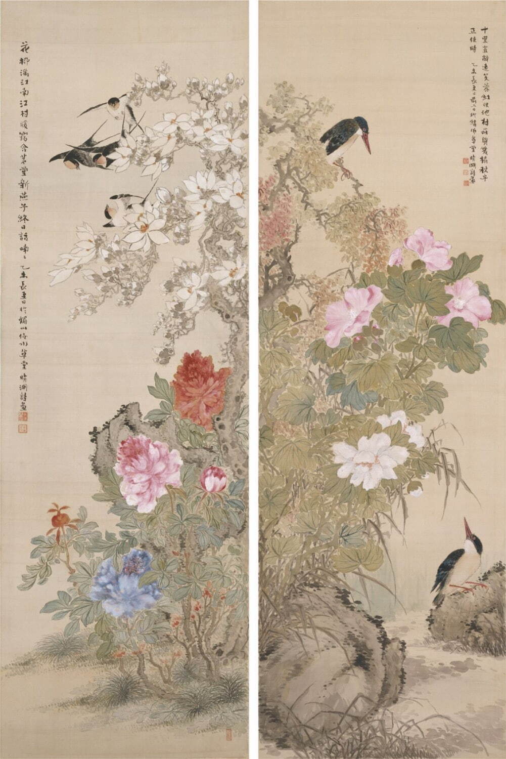 奥原晴湖 《富貴飛燕、芙蓉翡翠》 明治28年(1895年) 茨城県近代美術館蔵