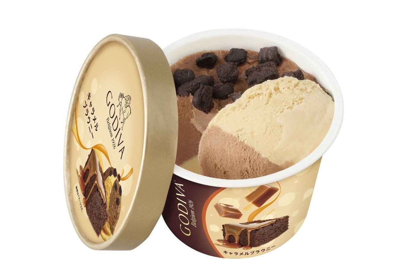 ゴディバ新作カップアイス「キャラメルブラウニー」しっとりビスケット入りキャラメル＆チョコアイス