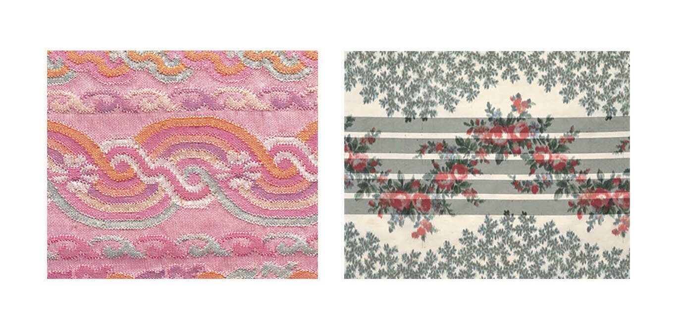 「もようが似てる」
(左)腰衣(部分) ミャンマー 20世紀初め (右)イブニング・ドレス(部分) フランス? 1860年頃