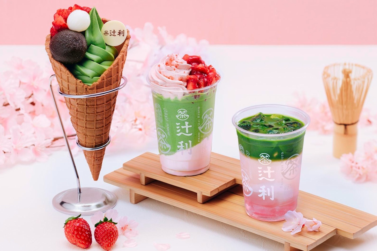 パルフェ｜辻利“春色グラデ”ドリンク「抹茶さくらソーダ」や苺×宇治抹茶パフェの春限定メニュー