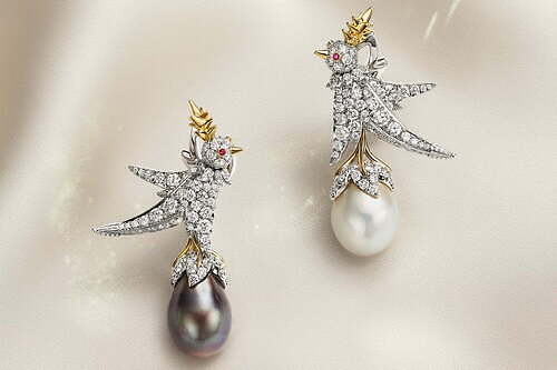 ティファニー25年ハイジュエリー、天然海水パールに鳥が佇むダイヤモンドピアス＆リング