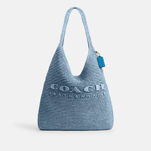 コーチ25年春ラフィアバッグ、ロゴ刺繍入りホーボー
