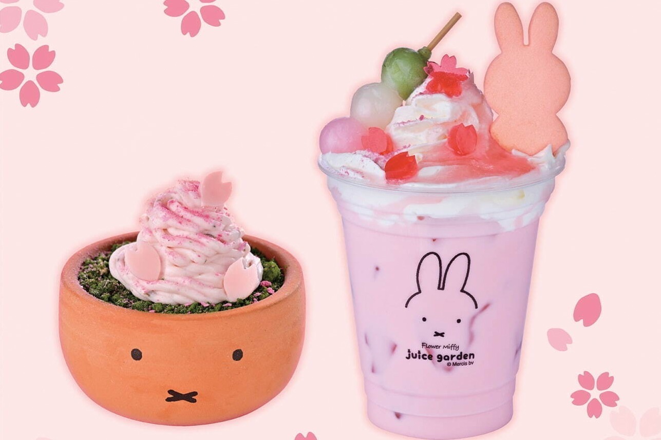 チーズケーキ｜フラワーミッフィー ジュースガーデン「苺×桜」春色ストロベリーラテ、植木鉢風の器入りモンブランも