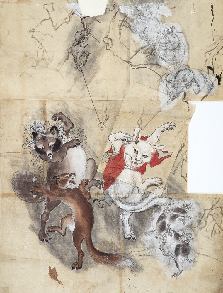 河鍋暁斎 《鳥獣戯画猫又と狸 下絵》 河鍋暁斎記念美術館蔵