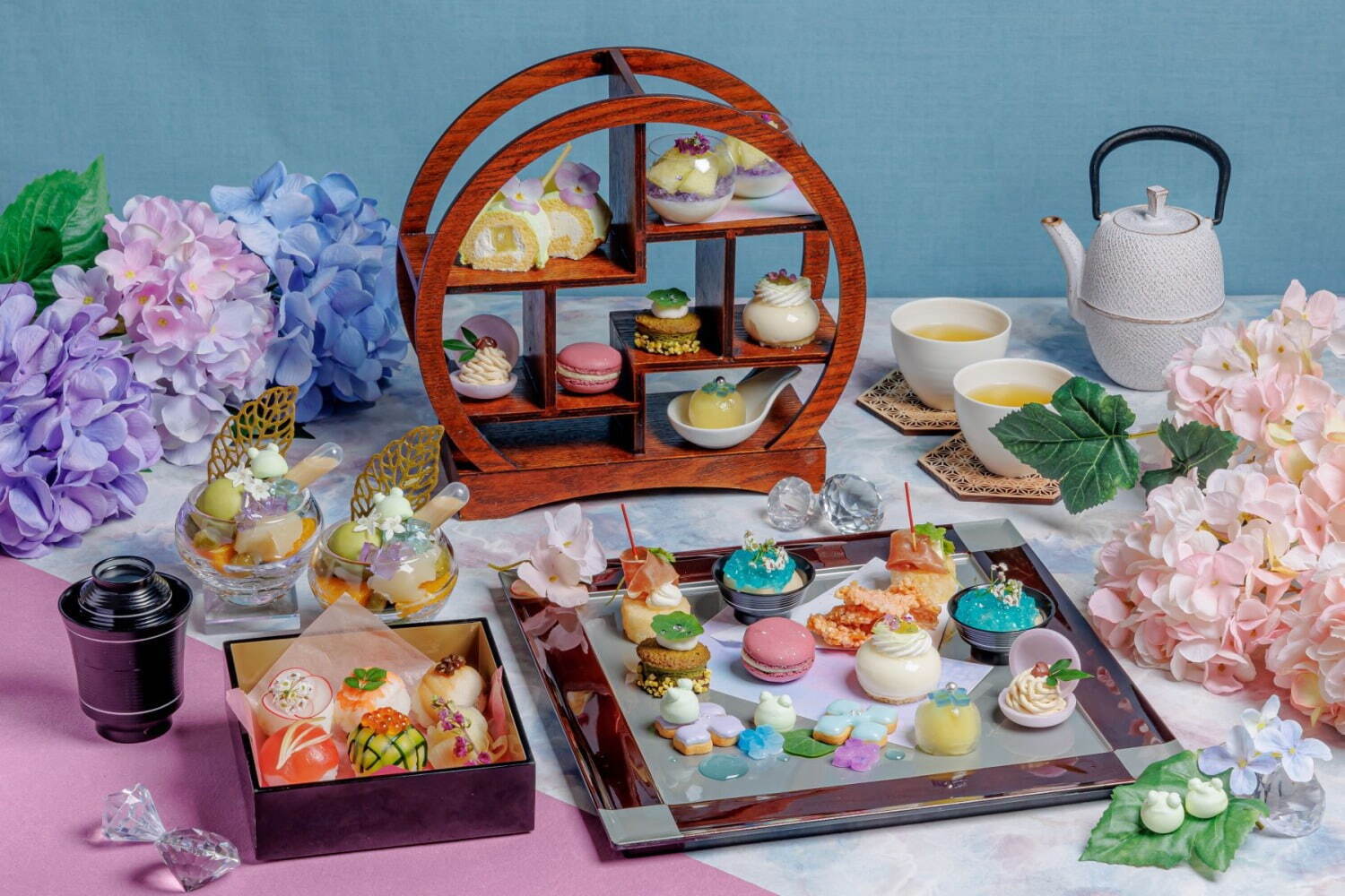 京都「はんなり紫陽花アフタヌーンティー」メロン×カラフル寒天のあんみつや最中など“紫陽花スイーツ”｜写真2