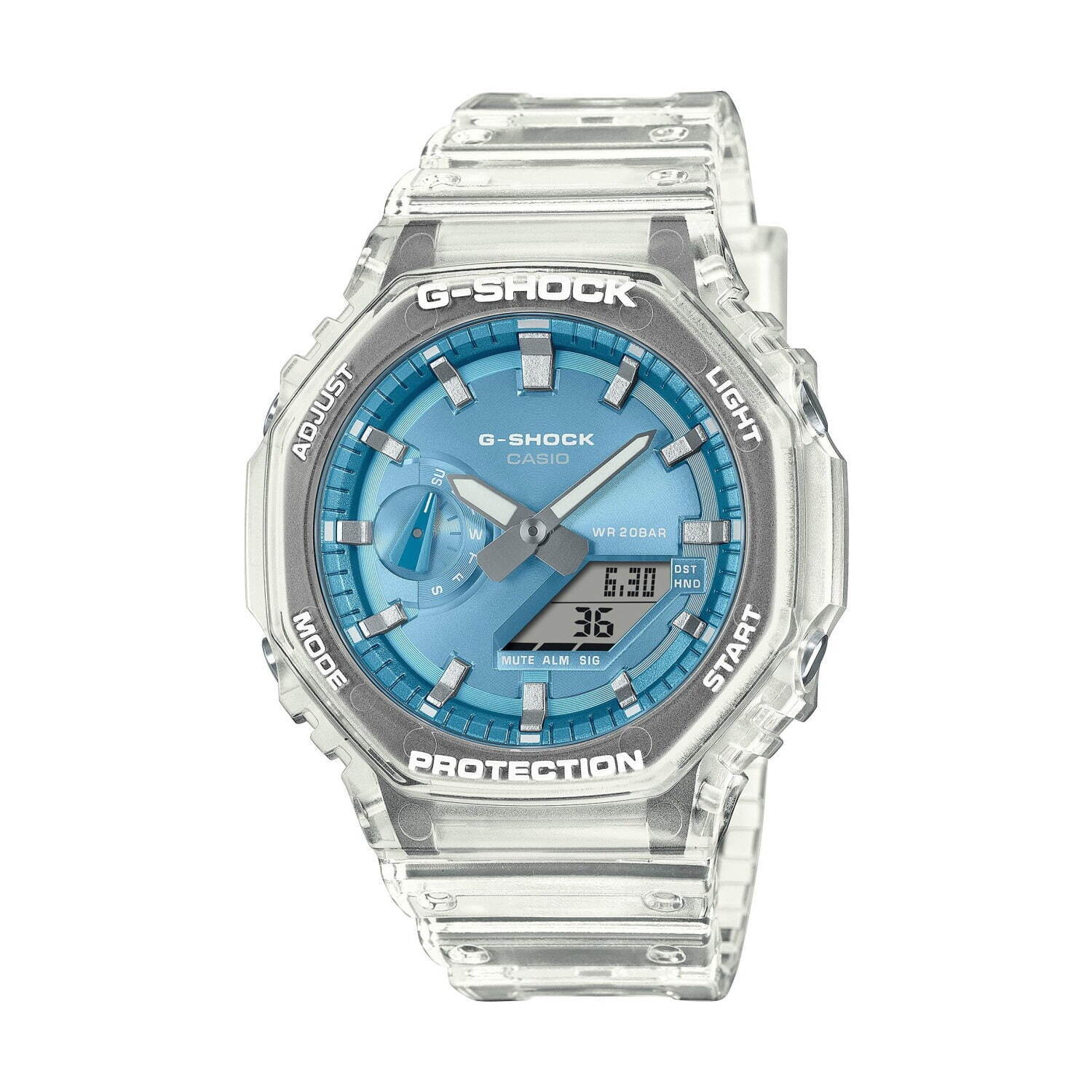 G-SHOCK“スケルトン”ケースの腕時計、メタリックなブルーや