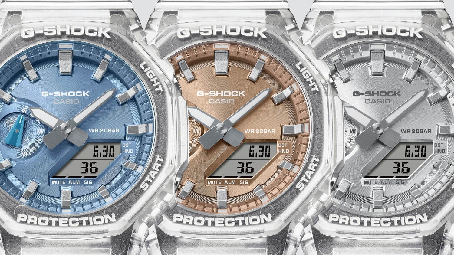 G-SHOCK“スケルトン”ケースの腕時計、メタリックなブルーや