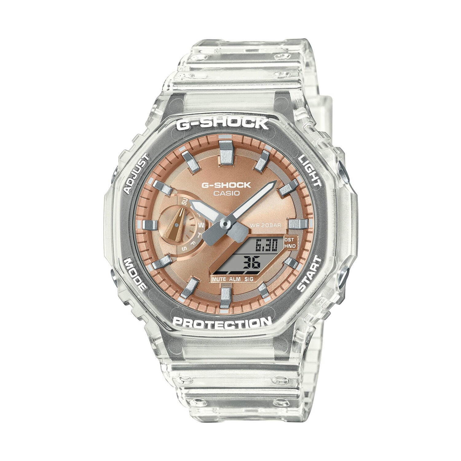 G-SHOCK“スケルトン”ケースの腕時計、メタリックなブルーや