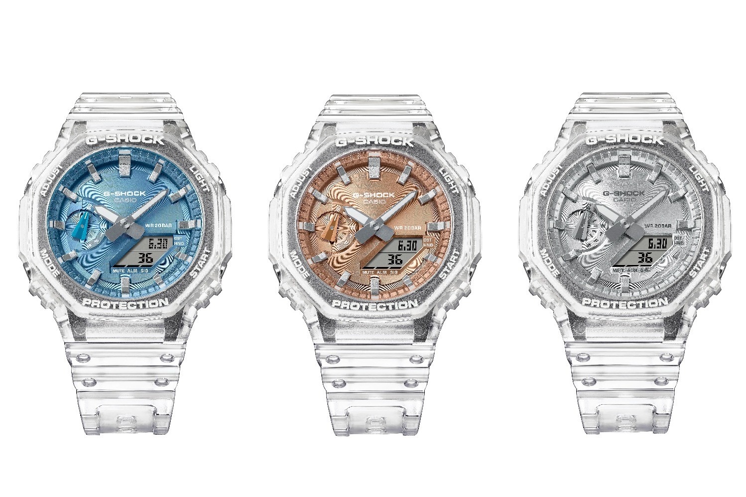 G-SHOCK“スケルトン”ケースの腕時計、メタリックなブルーやシルバーダイヤルで