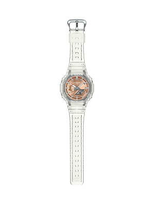 G-SHOCK“スケルトン”ケースの腕時計、メタリックなブルーや