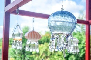 ガラスの「クラゲ風鈴」揺らめく夏イベントが京都水族館で、京和傘のコラボや夜のライトアップも